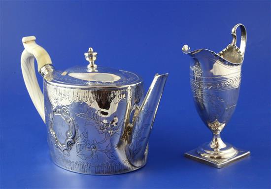 A George III silver oval teapot by William Vincent & a cream jug, gross 19 oz.